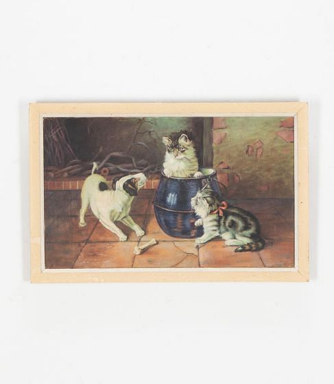 20th Century French Oil Painting 'Jack Russell and Two Cats'
