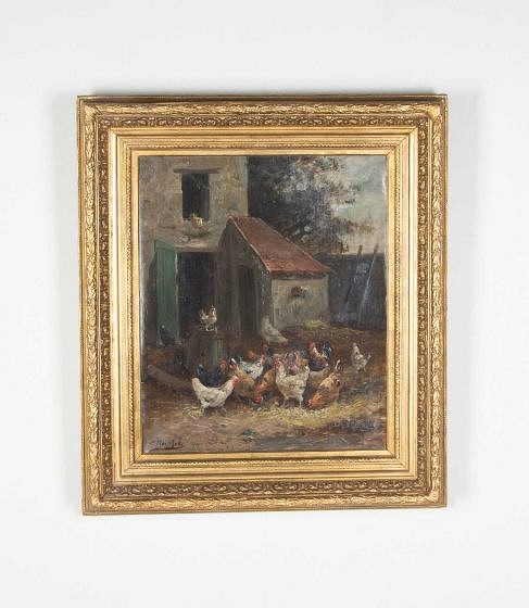 19th Century Oil on Canvas Painting of Chickens