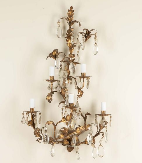 Large Scale Gilt Metal Wall Light with Crystal Drops
