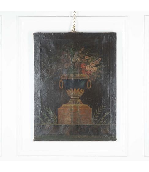 18th Century Italian Painting of Country Flowers in a Blue and Gilt Handled Medici Urn