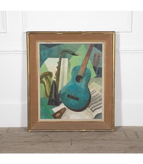 Mid Century Musical Still Life Oil On Canvas