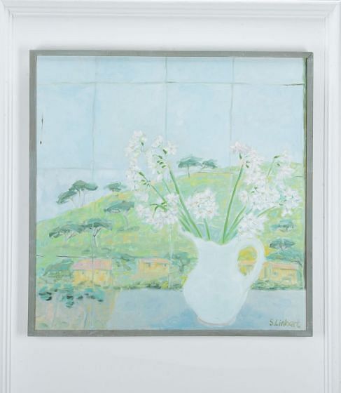 French 20th Century Oil painting by Susanna Linhart - 'Freesias dans une Cruche Blanche avec des Pins Parasols'