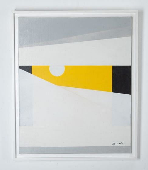 French Modernist Oil on Canvas in White, Black and Yellow by Jacqueline Debutler