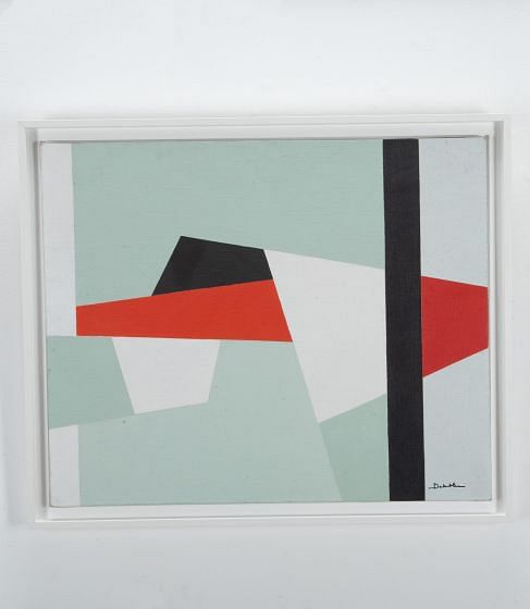 French Modernist Oil on Canvas in Black, Red and Green by Jacqueline Debutler