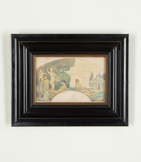 Late 19th Century Watercolour Painting of Bathers by a Lake
