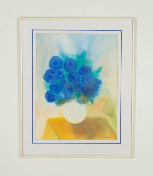 20th Century French Gouache Painting of Blue Flowers