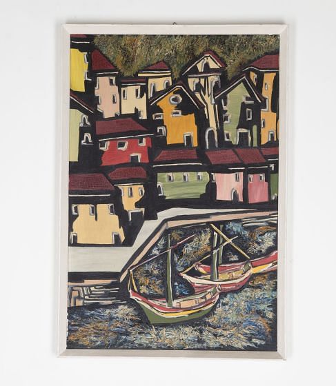 Mid-Century Italian Abstract Harbour Scene Oil on Canvas Painting