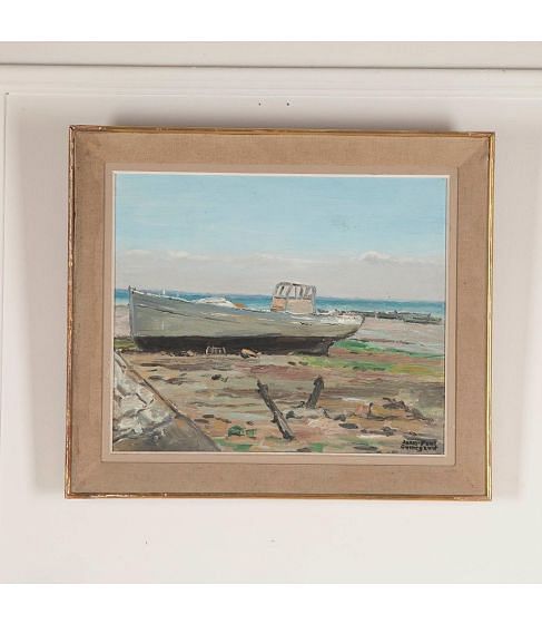 20th Century French Oil on Board Painting of Boat on a Beach