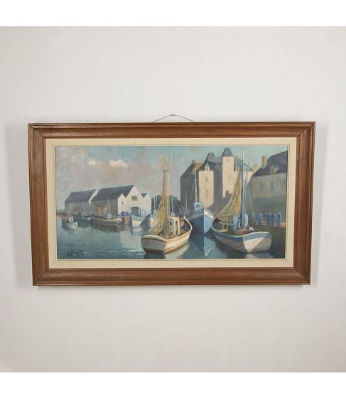 20th Century Oil on Board of French Fishing Boats in Harbour