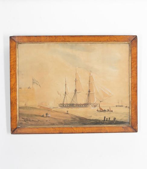 Large Early 19th Century Naive Watercolour of a Marine Scene