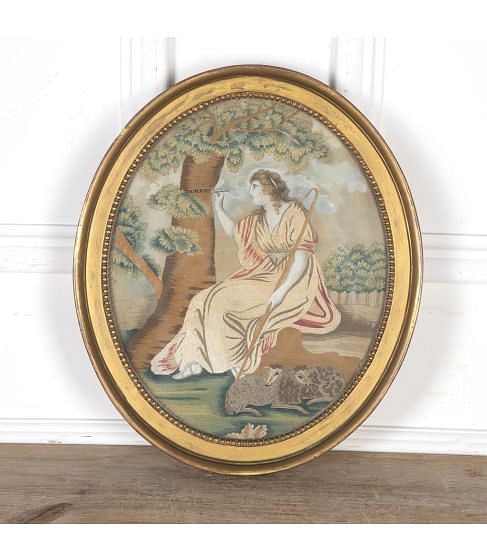 18th Century Oval Needlework Picture of a Shepherdess