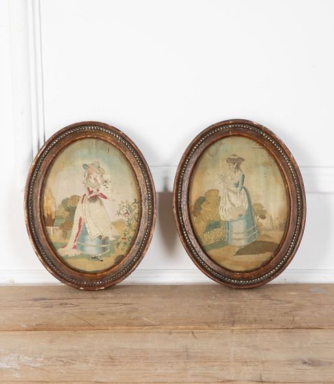 Pair of Georgian Embroidered Needlework Pictures of Maidens