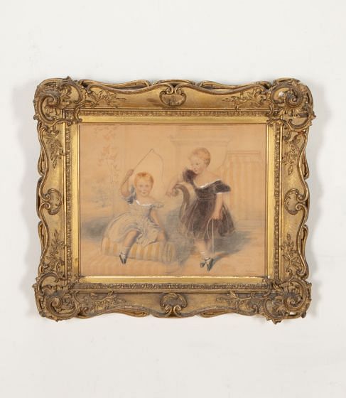 19th Century Watercolour Portrait Study of Two Children Playing by James Holmes