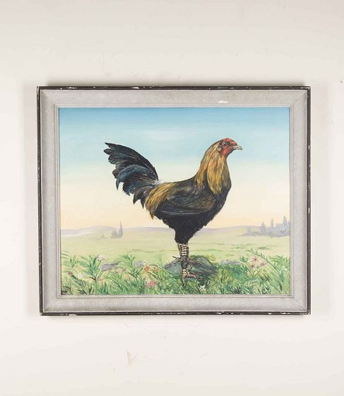 20th Century French Oil on Board of a Colourful Cockerel