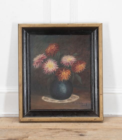 20th Century Oil on Canvas Still Life Study of Dahlias in a Vase
