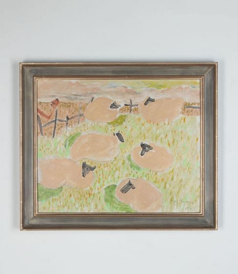 20th Century Painting of Grazing Sheep