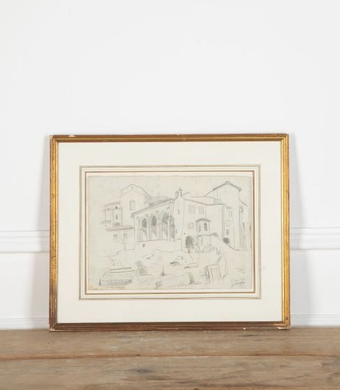 Gilt Framed Pencil Sketch of Rome by Auguste Clergé