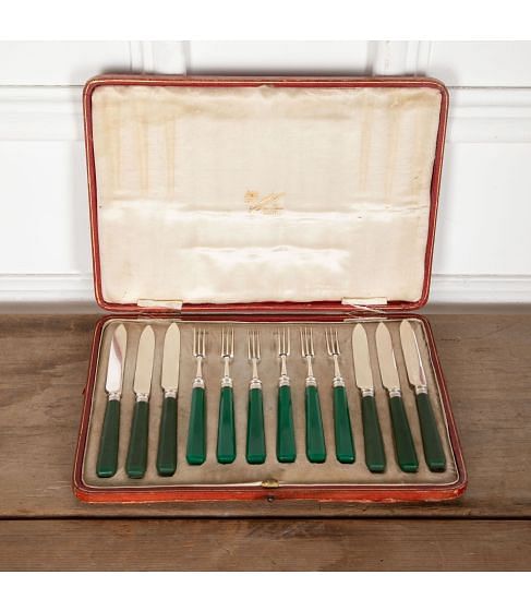 Art Deco Silver Dessert Knives Forks With Emerald Green Handles