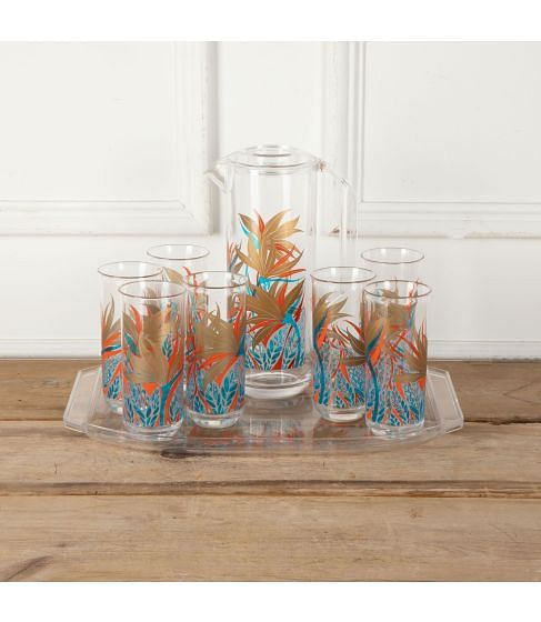 Culver Lucite Lemonade Picnic Jug Tray and Glasses Set