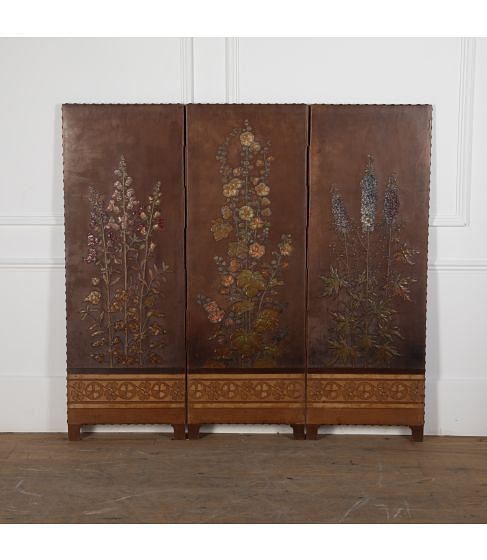 Early 20th Century Arts and Crafts Embossed Leather Screen