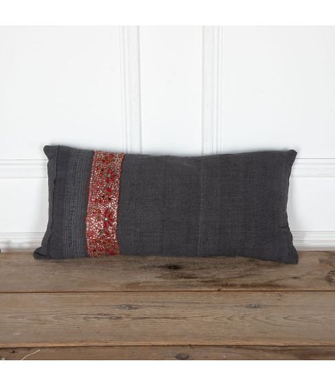 Hand Dyed Black Linen Cushion with Indian Beadwork Braid