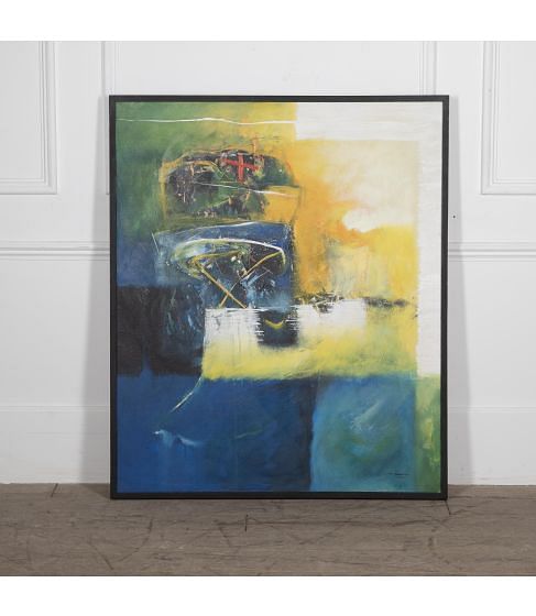 Large Contemporary Blue and Yellow Abstract Oil Painting