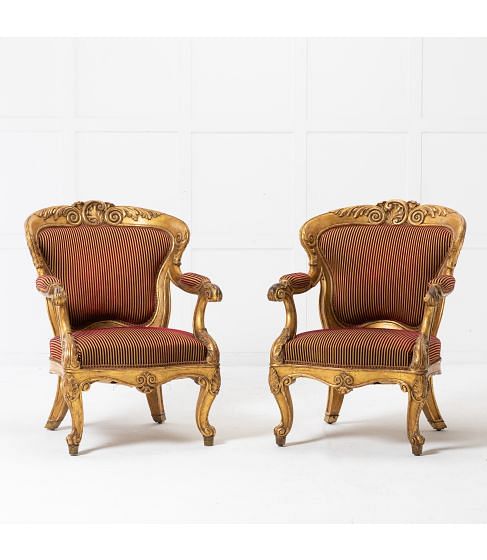 Large Pair of 18th Century Italian Giltwood Armchairs