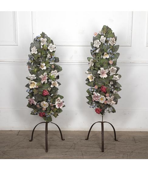Large Pair of 20th Century French Tole and Porcelain Bouquets