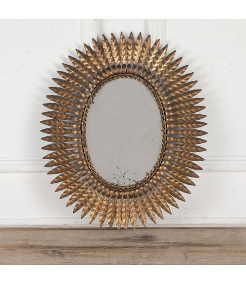 20th Century Spanish Gilt-metal Leaf Oval Sun Mirror