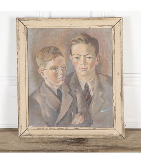 20th Century Oil on Canvas Portrait of Two Schoolboys