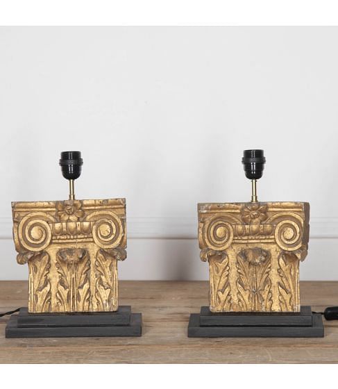 Pair of 18th Century Carved Wooden Capitals Converters to Lamps