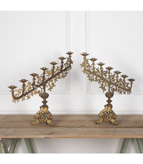 Pair of 19th Century Gilt Gothic Ecclesiastical Candlesticks