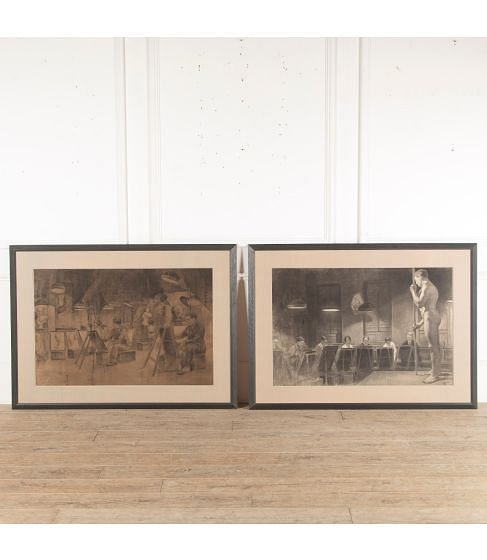 Pair of French Charcoal Art Works