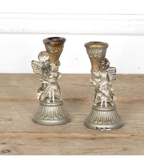 Pair of 20th Century Winged Cherub Glass Candlesticks