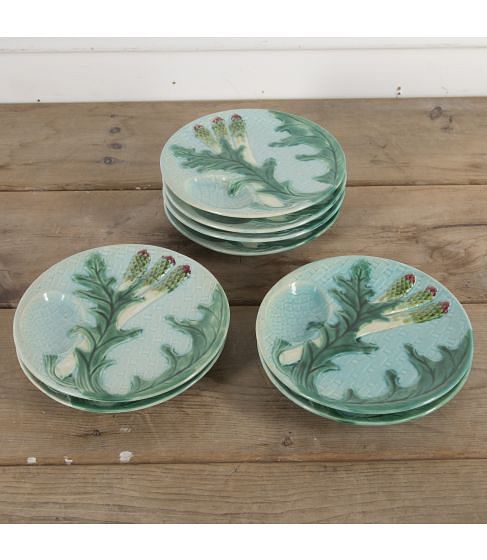 Set of Eight French Majolica Asparagus And Artichoke Plates