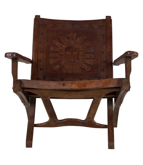 A Meranti Wood and Leather Folding Armchair