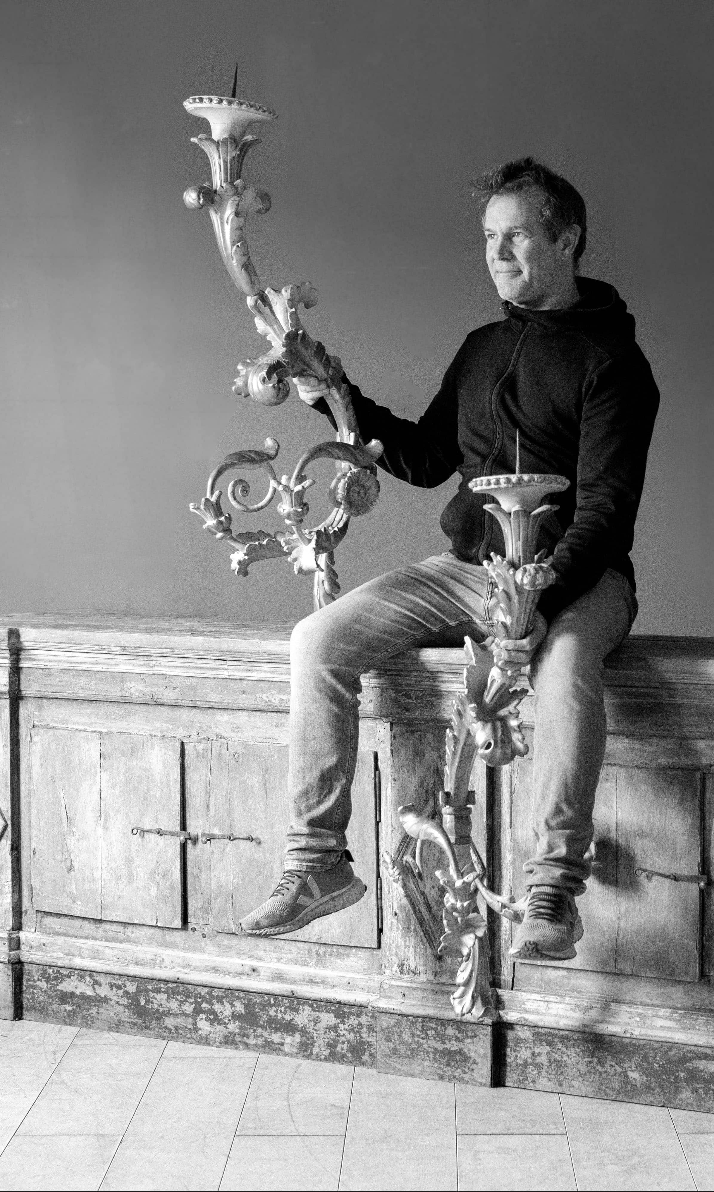 Black and White photograph of Toby Lorford Owner of Lorfords Antiques.